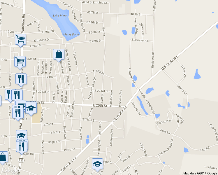map of restaurants, bars, coffee shops, grocery stores, and more near 2206 Madison Ave in Tifton