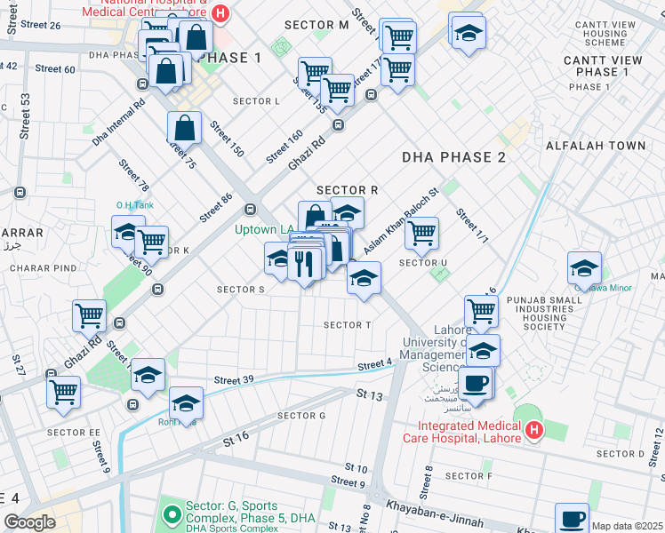 map of restaurants, bars, coffee shops, grocery stores, and more near Lalik Chowk in Lahore