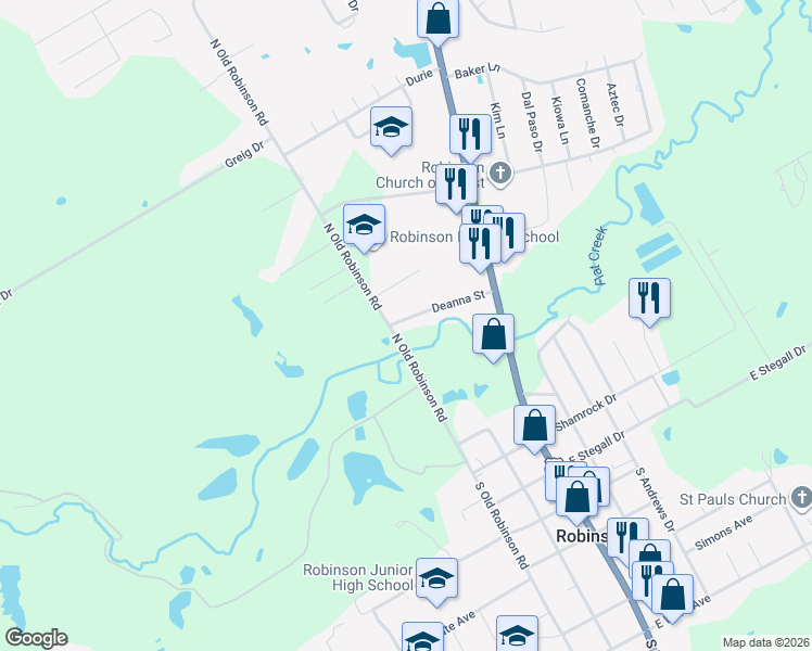 map of restaurants, bars, coffee shops, grocery stores, and more near 126 Deanna Street in Robinson