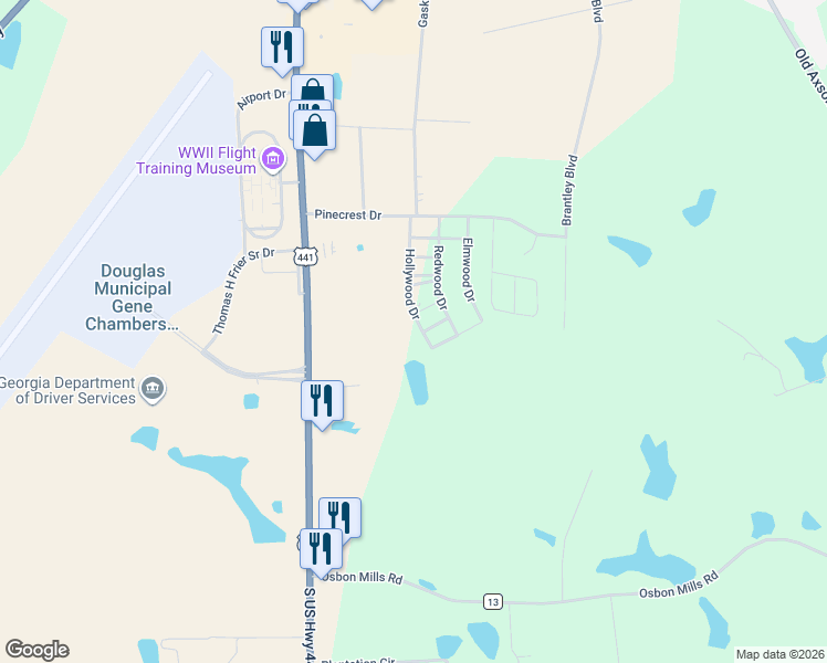 map of restaurants, bars, coffee shops, grocery stores, and more near 40 Pine Trail in Douglas