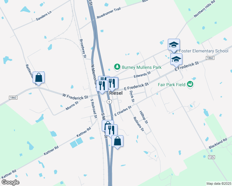 map of restaurants, bars, coffee shops, grocery stores, and more near in Riesel