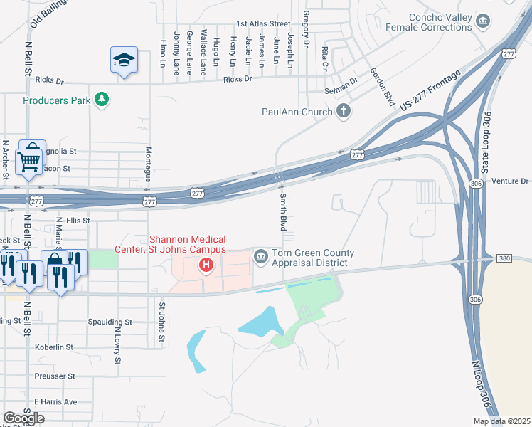 map of restaurants, bars, coffee shops, grocery stores, and more near 555 Smith Boulevard in San Angelo