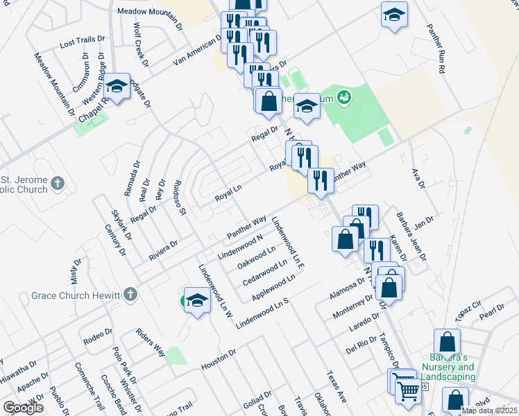 map of restaurants, bars, coffee shops, grocery stores, and more near 301 Panther Way in Hewitt