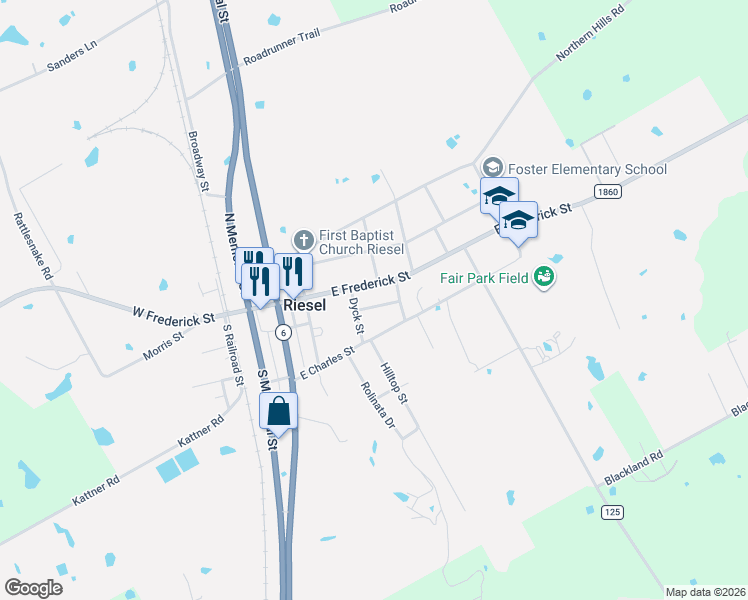 map of restaurants, bars, coffee shops, grocery stores, and more near 105 Dyck Street in Riesel