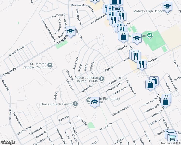 map of restaurants, bars, coffee shops, grocery stores, and more near 2117 Rey Drive in Waco