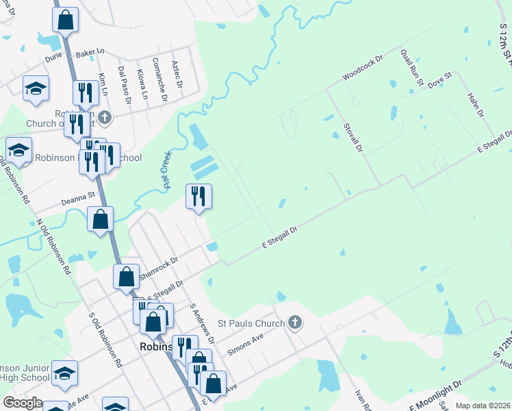 map of restaurants, bars, coffee shops, grocery stores, and more near 620 East Stegall Drive in Robinson