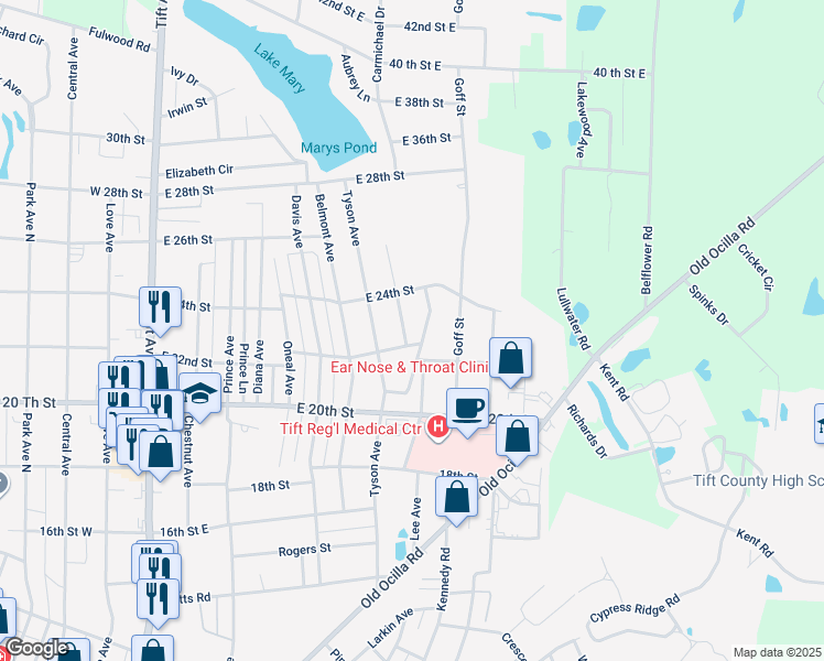 map of restaurants, bars, coffee shops, grocery stores, and more near 2020 Meadowbrook Drive in Tifton