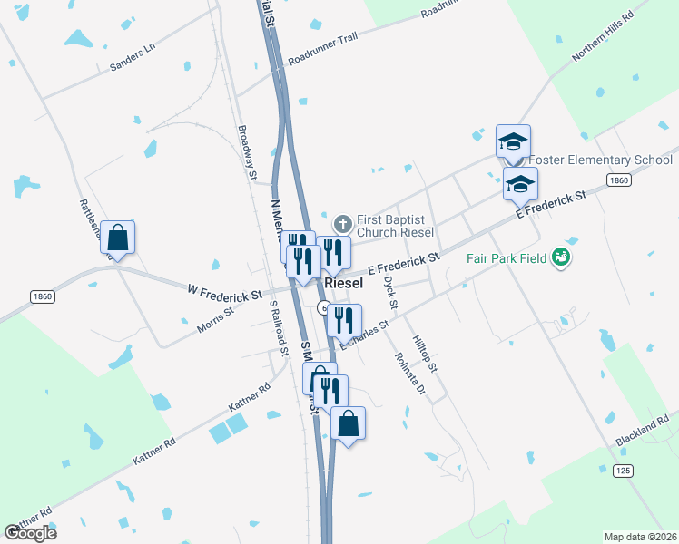 map of restaurants, bars, coffee shops, grocery stores, and more near 205 N Wiebusch St in Riesel