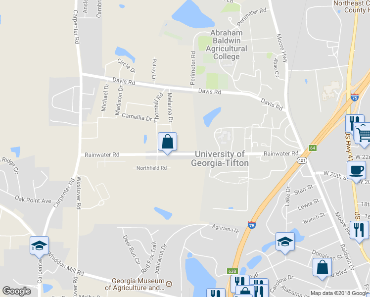 map of restaurants, bars, coffee shops, grocery stores, and more near 2401 Rainwater Road in Tifton