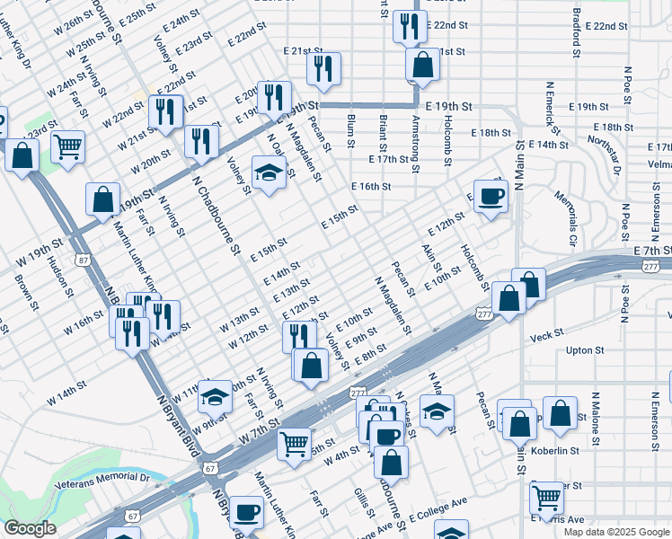 map of restaurants, bars, coffee shops, grocery stores, and more near 1302-1398 North Oakes Street in San Angelo