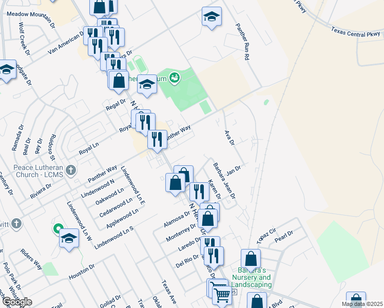 map of restaurants, bars, coffee shops, grocery stores, and more near 112 Post Office Drive in Hewitt
