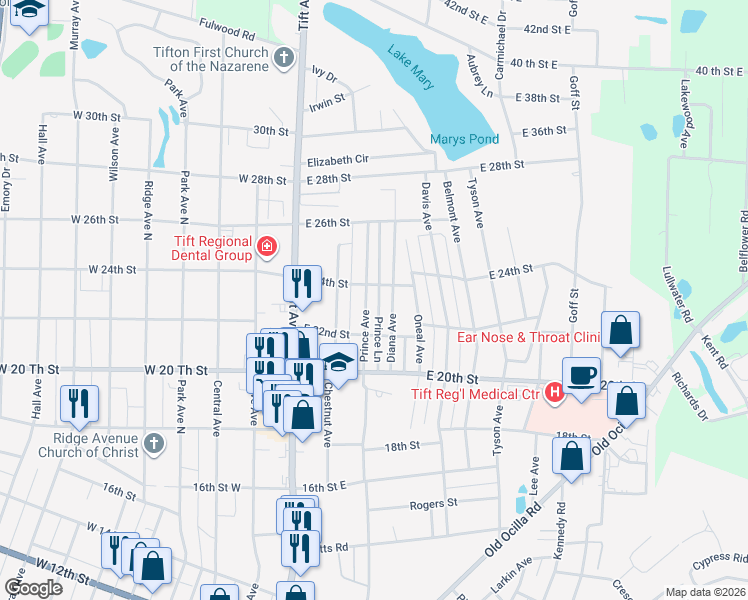 map of restaurants, bars, coffee shops, grocery stores, and more near 2402 Diana Avenue in Tifton