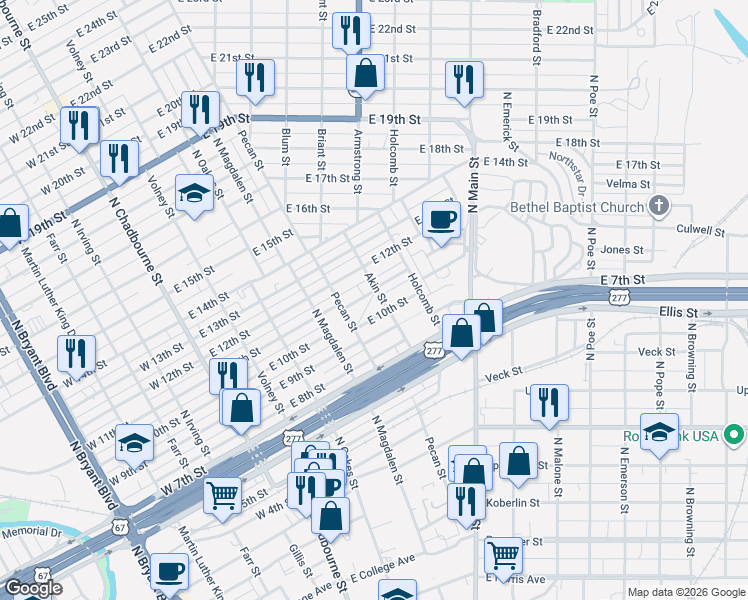 map of restaurants, bars, coffee shops, grocery stores, and more near 1101-1153 Akin St in San Angelo
