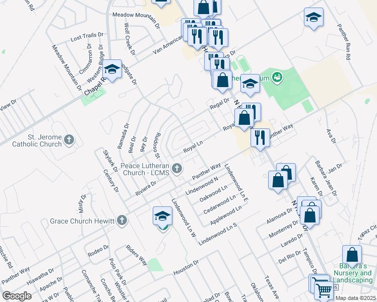 map of restaurants, bars, coffee shops, grocery stores, and more near 9212 Royal Lane in Waco