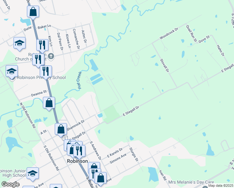 map of restaurants, bars, coffee shops, grocery stores, and more near 512-598 East Shamrock Drive in Robinson