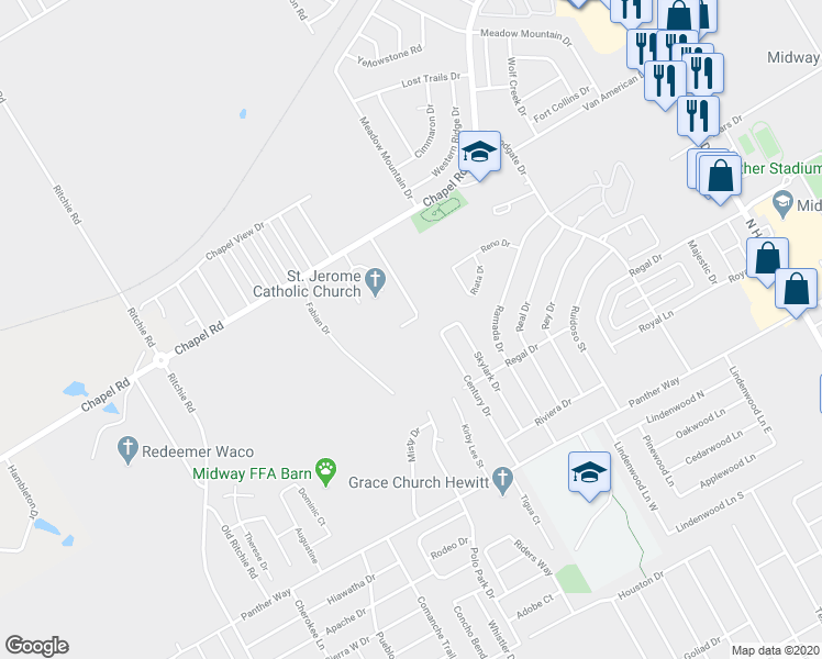 map of restaurants, bars, coffee shops, grocery stores, and more near 1808 Breezy Drive in Waco