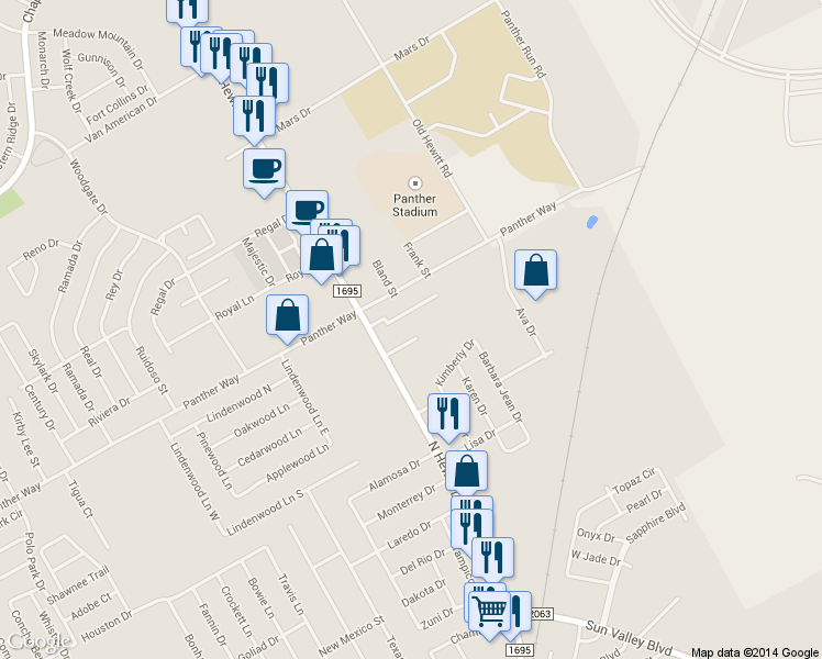 map of restaurants, bars, coffee shops, grocery stores, and more near 112 Post Office Drive in Hewitt