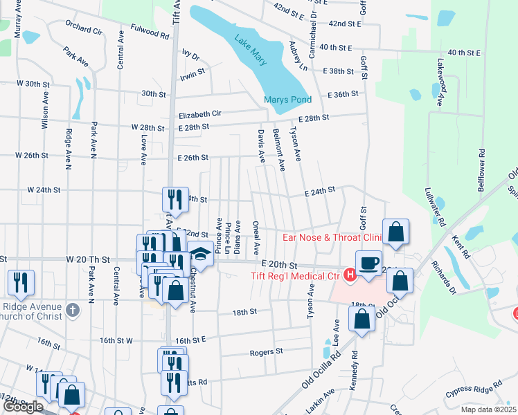 map of restaurants, bars, coffee shops, grocery stores, and more near 2217 Oneal Avenue in Tifton