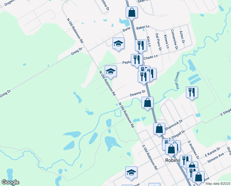 map of restaurants, bars, coffee shops, grocery stores, and more near 157 North Old Robinson Road in Robinson