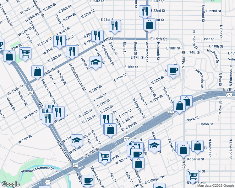 map of restaurants, bars, coffee shops, grocery stores, and more near 1302 North Oakes Street in San Angelo