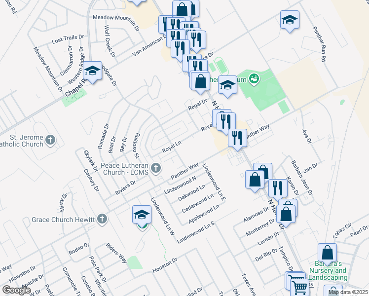 map of restaurants, bars, coffee shops, grocery stores, and more near 9109 Royal Lane in Waco