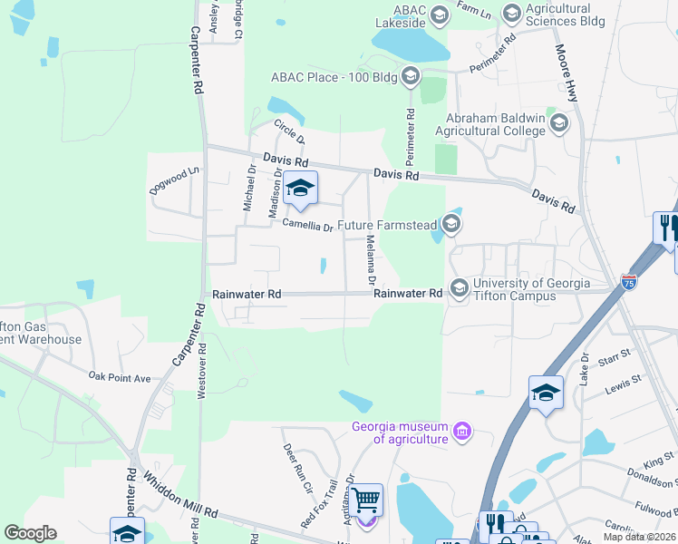 map of restaurants, bars, coffee shops, grocery stores, and more near 2212 Thornhill Rd in Tifton