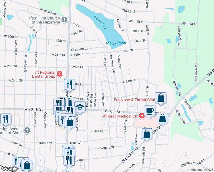 map of restaurants, bars, coffee shops, grocery stores, and more near 2217 Oneal Avenue in Tifton