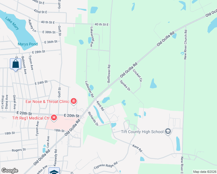map of restaurants, bars, coffee shops, grocery stores, and more near 5 Belflower Road in Tifton