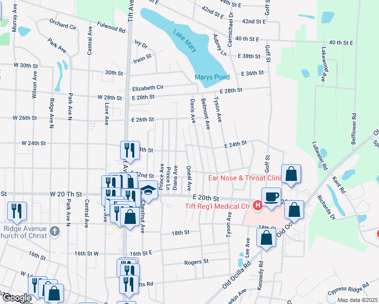 map of restaurants, bars, coffee shops, grocery stores, and more near 2217 Oneal Avenue in Tifton