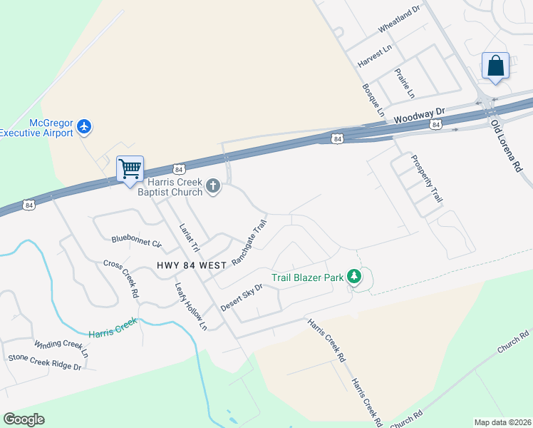 map of restaurants, bars, coffee shops, grocery stores, and more near 309 Ranch Gate in McGregor