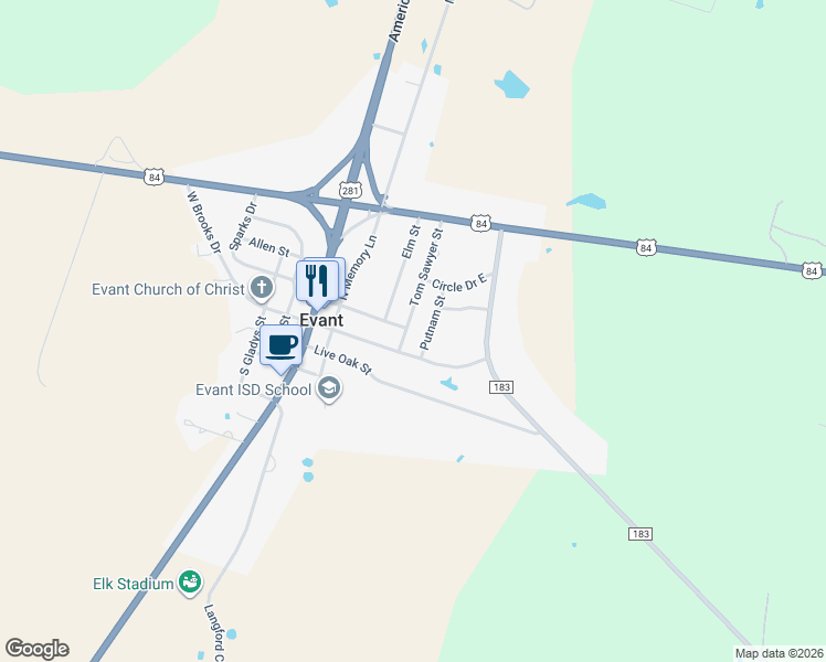 map of restaurants, bars, coffee shops, grocery stores, and more near 199 Putnam Street in Evant