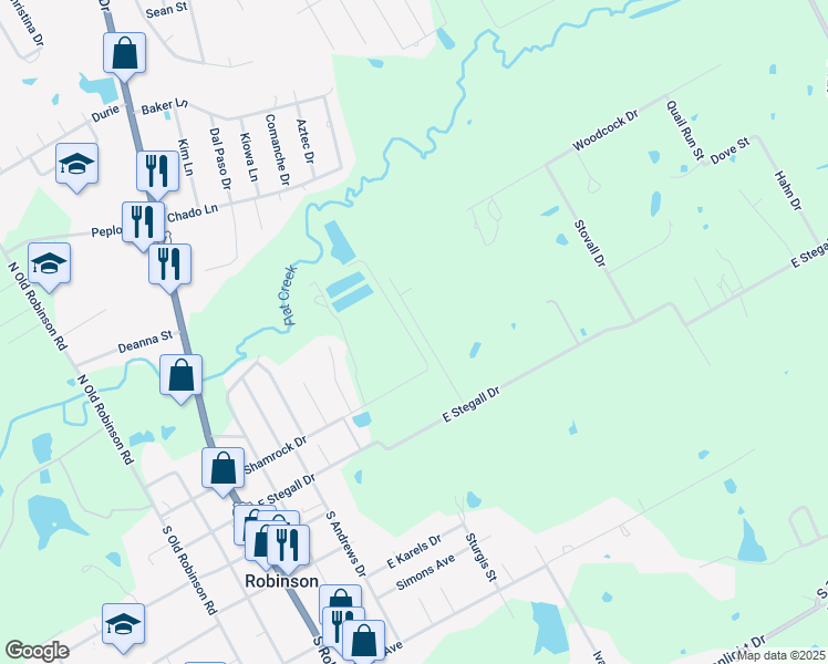 map of restaurants, bars, coffee shops, grocery stores, and more near 512-598 East Shamrock Drive in Robinson