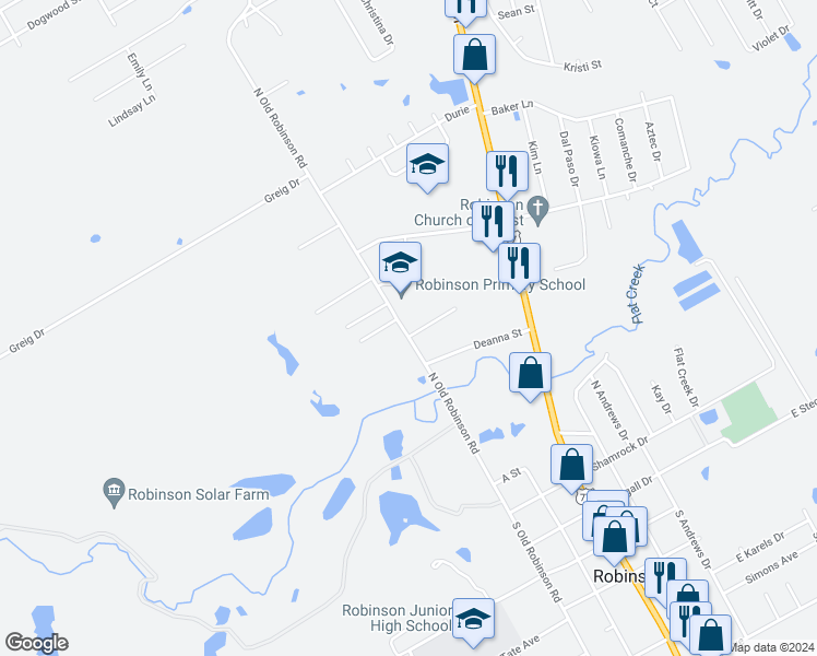 map of restaurants, bars, coffee shops, grocery stores, and more near 157 North Old Robinson Road in Robinson