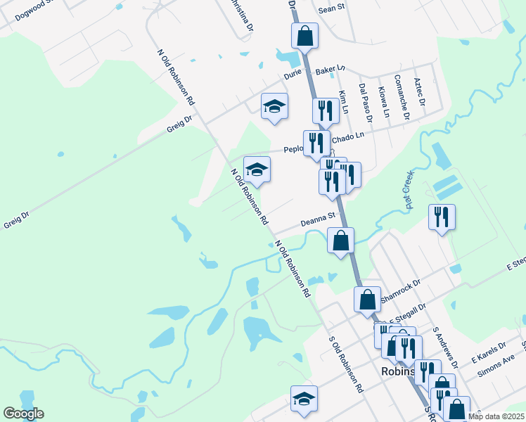 map of restaurants, bars, coffee shops, grocery stores, and more near 157 North Old Robinson Road in Robinson