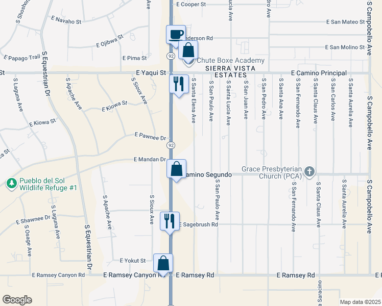 map of restaurants, bars, coffee shops, grocery stores, and more near 5110 South Santa Elena Avenue in Sierra Vista