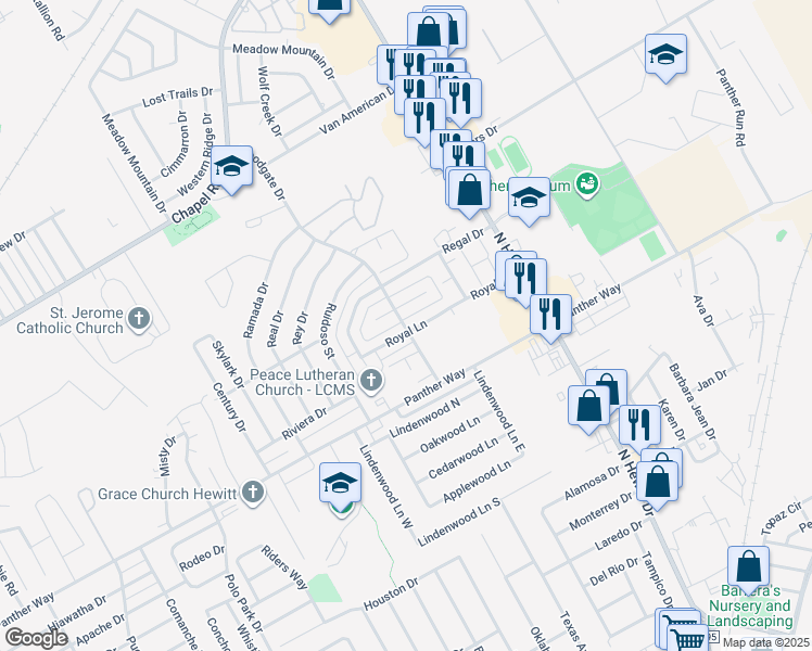 map of restaurants, bars, coffee shops, grocery stores, and more near 9103 Royal Lane in Waco