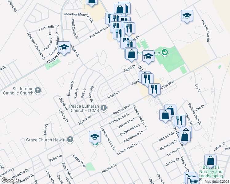 map of restaurants, bars, coffee shops, grocery stores, and more near 9117 Royal Lane in Waco