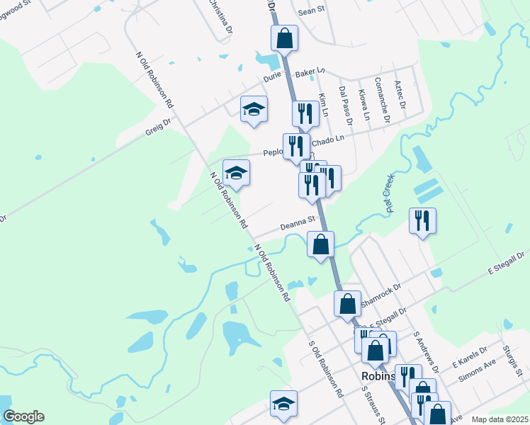 map of restaurants, bars, coffee shops, grocery stores, and more near 135 Bentwood Drive in Robinson