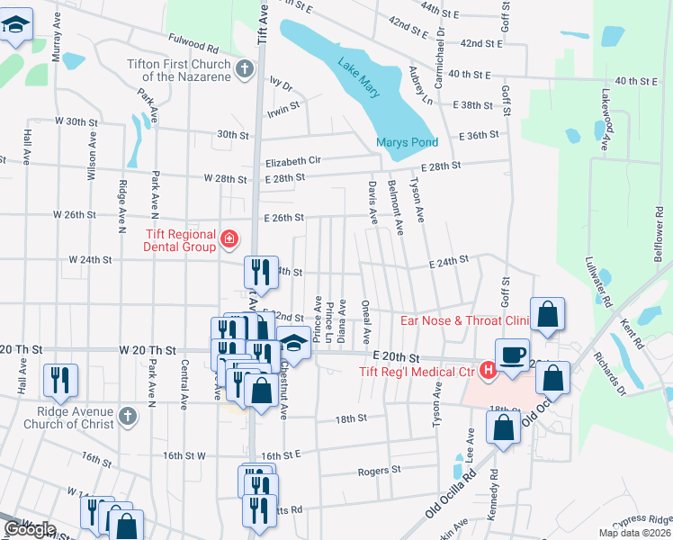 map of restaurants, bars, coffee shops, grocery stores, and more near 2402 Diana Avenue in Tifton