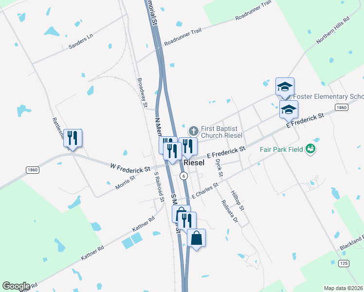 map of restaurants, bars, coffee shops, grocery stores, and more near 205 N Wiebusch St in Riesel