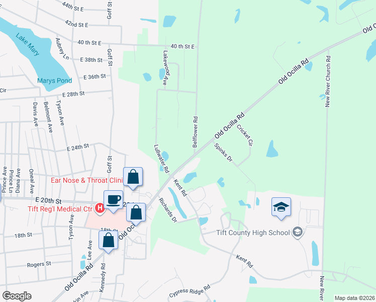 map of restaurants, bars, coffee shops, grocery stores, and more near 5 Belflower Road in Tifton