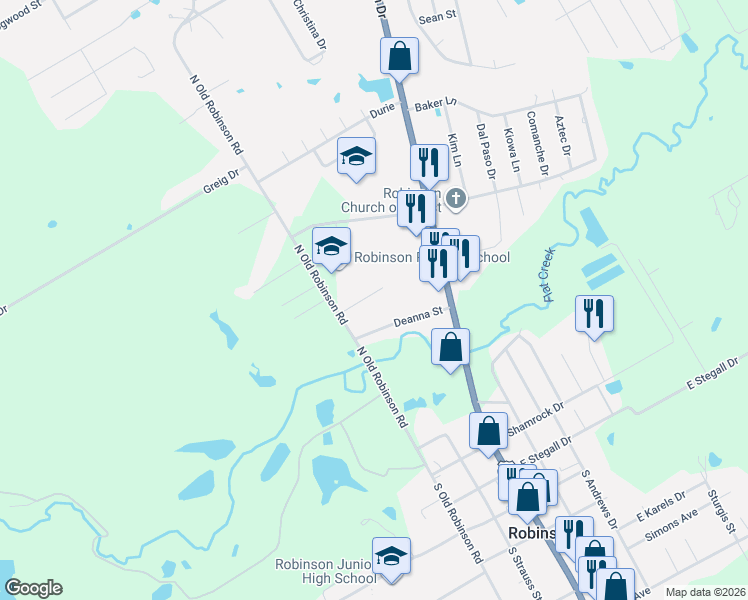 map of restaurants, bars, coffee shops, grocery stores, and more near 135 Bentwood Drive in Robinson