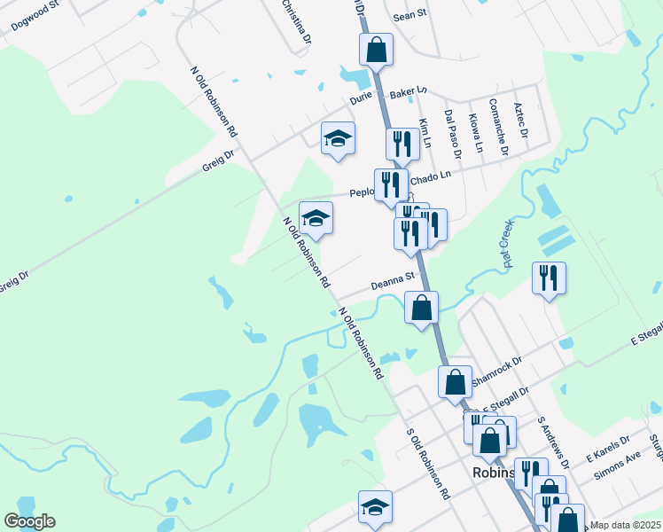map of restaurants, bars, coffee shops, grocery stores, and more near 157 North Old Robinson Road in Robinson