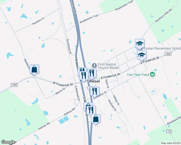 map of restaurants, bars, coffee shops, grocery stores, and more near 205 N Wiebusch St in Riesel