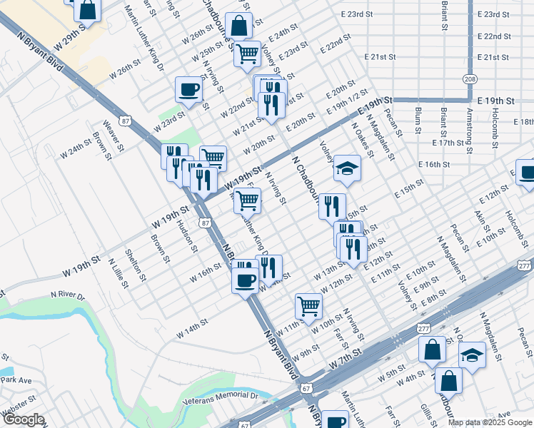 map of restaurants, bars, coffee shops, grocery stores, and more near 1698 Farr Street in San Angelo