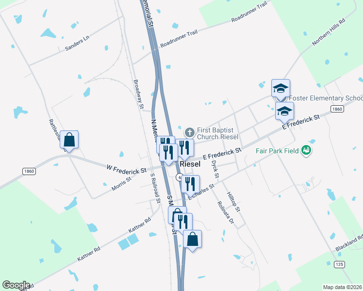 map of restaurants, bars, coffee shops, grocery stores, and more near 205 N Wiebusch St in Riesel