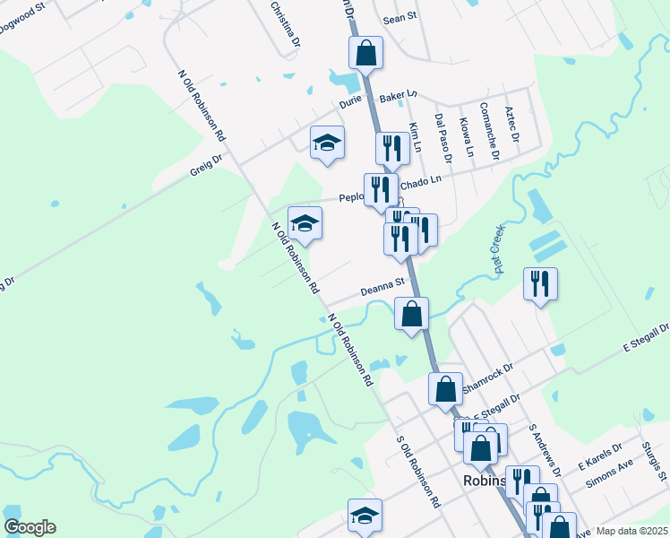 map of restaurants, bars, coffee shops, grocery stores, and more near 135 Bentwood Drive in Robinson