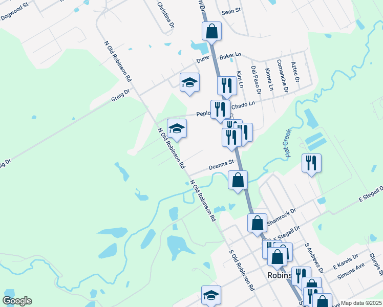 map of restaurants, bars, coffee shops, grocery stores, and more near 142 Bentwood Drive in Robinson