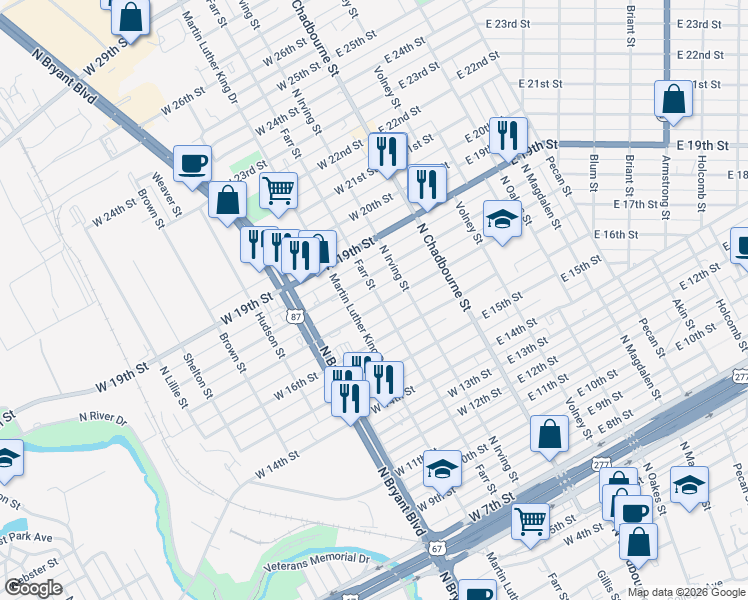 map of restaurants, bars, coffee shops, grocery stores, and more near 1600-1698 Farr Street in San Angelo