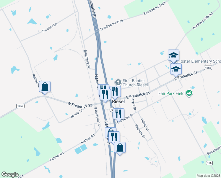 map of restaurants, bars, coffee shops, grocery stores, and more near 205 North Wiebusch Street in Riesel
